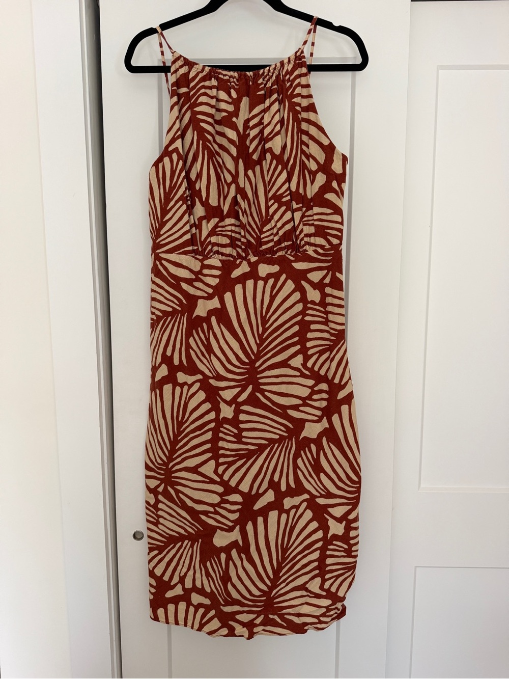 Banana Republic Linen Blend Rust and Cream Leaf-Print Midi Dress